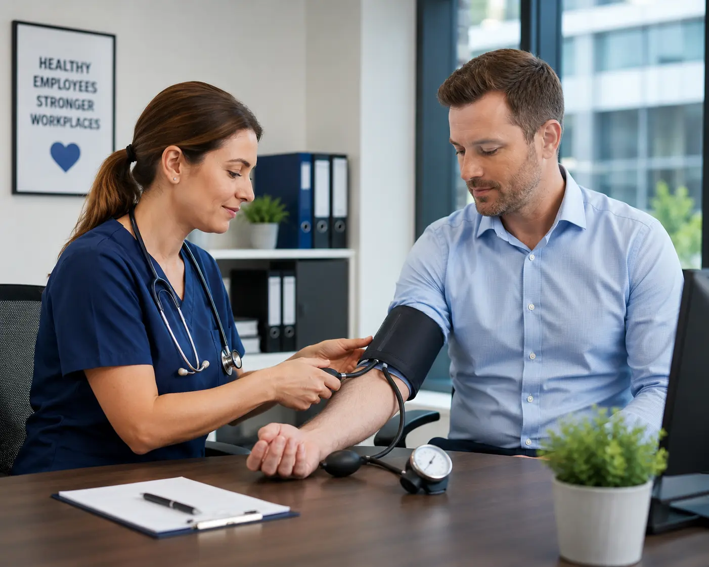 Medical professional measuring blood pressure of an employee in the office